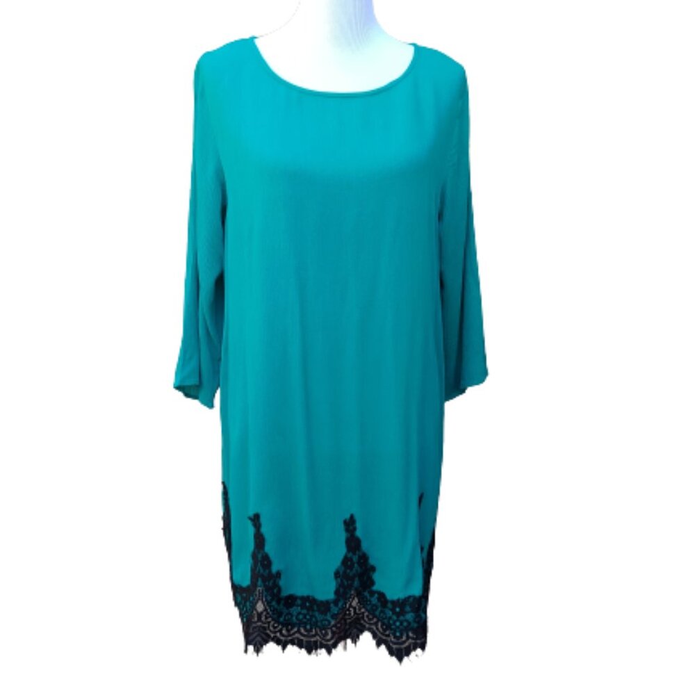 Kori America Teal Shift Dress Black Lace Trim Hem 3/4 Sleeves